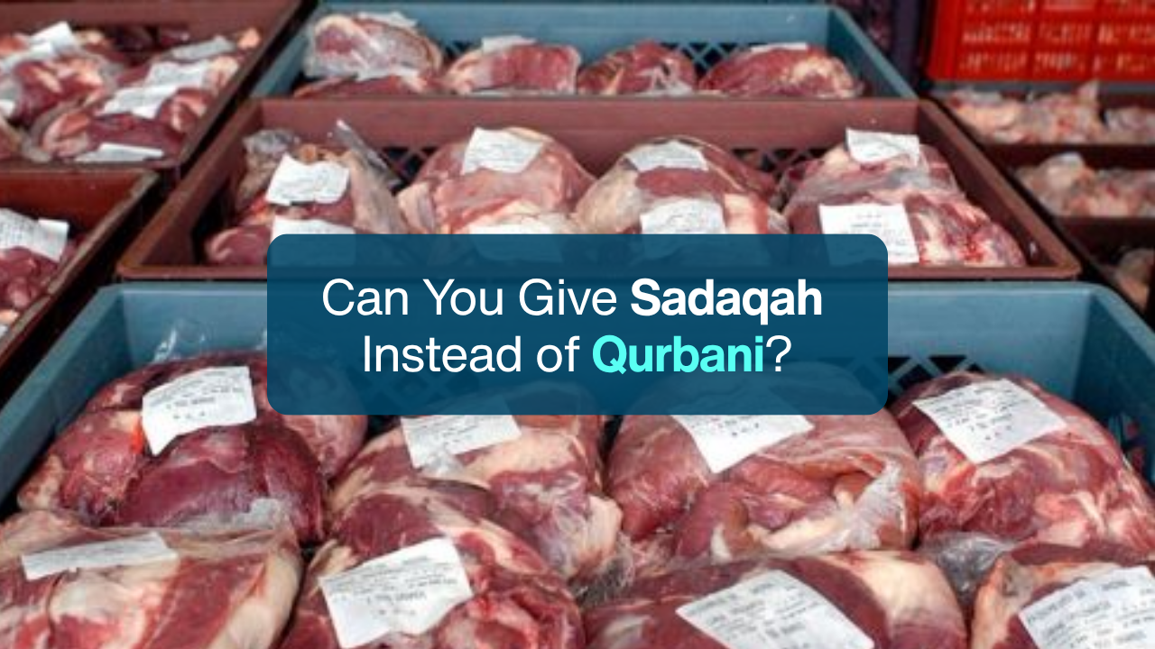 Simple text-based cover image for a blog explaining whether Sadaqah can replace Qurbani in Islam and the rules related to Qurbani obligations.